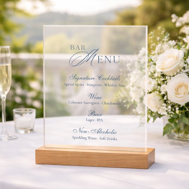 Dusty Blue Frosted Acrylic Wedding Bar Menu Sign (Creator Uploaded)