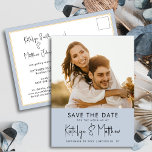Dusty Blue Fun Script Modern Photo Wedding Announcement Postcard<br><div class="desc">Dusty Blue Fun Script Modern Photo Minimalist Wedding Save The Date Announcement Postcard. Let your family, friends and colleagues know that you have set a date for your wedding celebration with this elegant, stylish and modern wedding save the date invitation card. All the texts are pre-arranged for you to personalise...</div>