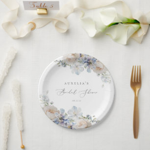 Dusty Blue Garden Floral Bridal Shower Paper Plate