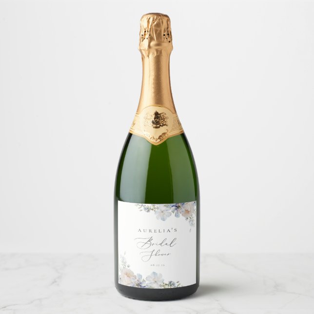 Dusty Blue Garden Floral Bridal Shower Sparkling Wine Label (Front)
