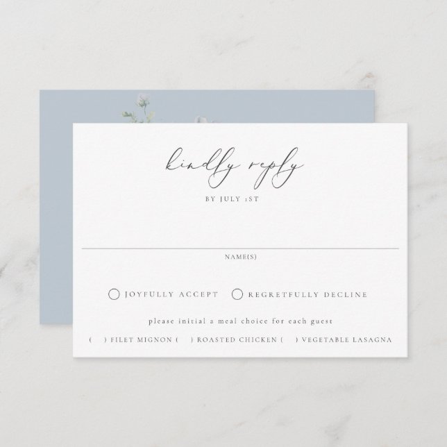 Dusty Blue Garden Floral Meal Choice Wedding RSVP Card (Front/Back)