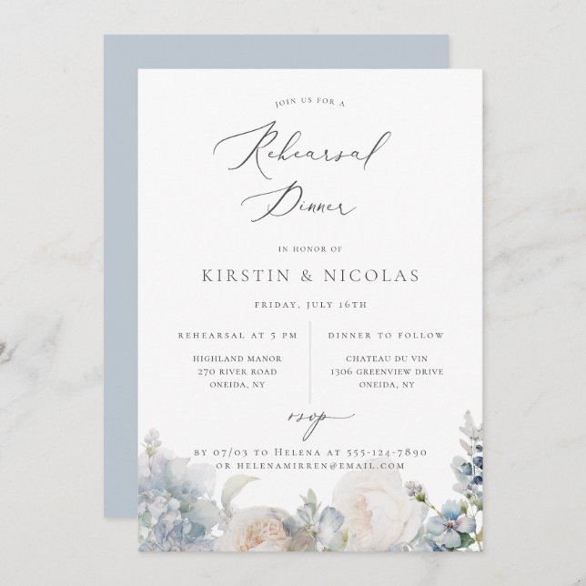 Dusty Blue Garden Floral Rehearsal Dinner Announcement (Front/Back)
