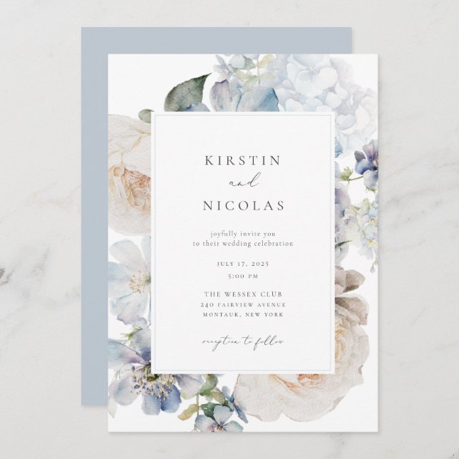 Dusty Blue Garden Floral Wedding Invitation (Front/Back)