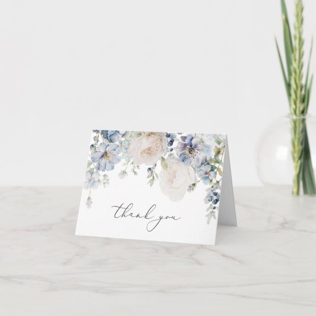 Dusty Blue Garden Floral Wedding Photo Thank You Card (Front)