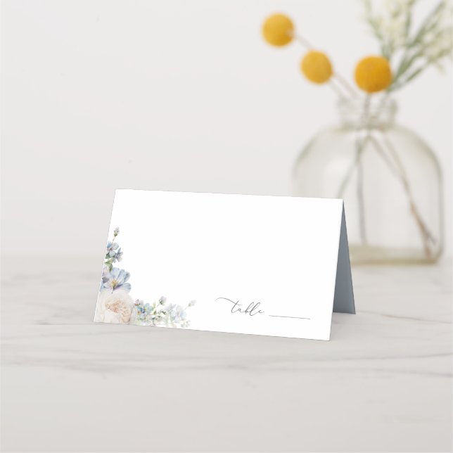 Dusty Blue Garden Floral Wedding Place Card (Front)