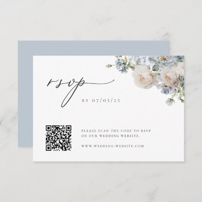 Dusty Blue Garden Floral Wedding QR Code RSVP Card (Front/Back)