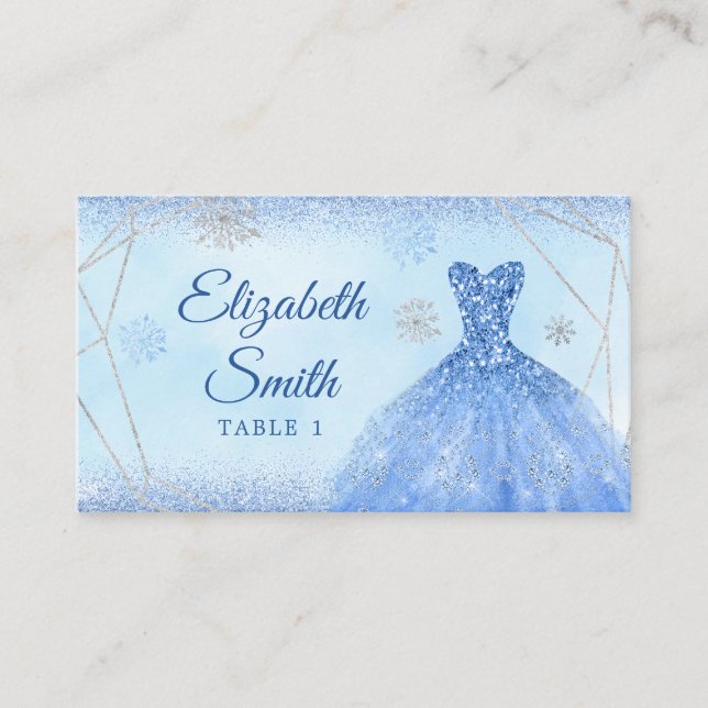 Dusty Blue Geometric Christmas Mis XV Años Place Card (Front)