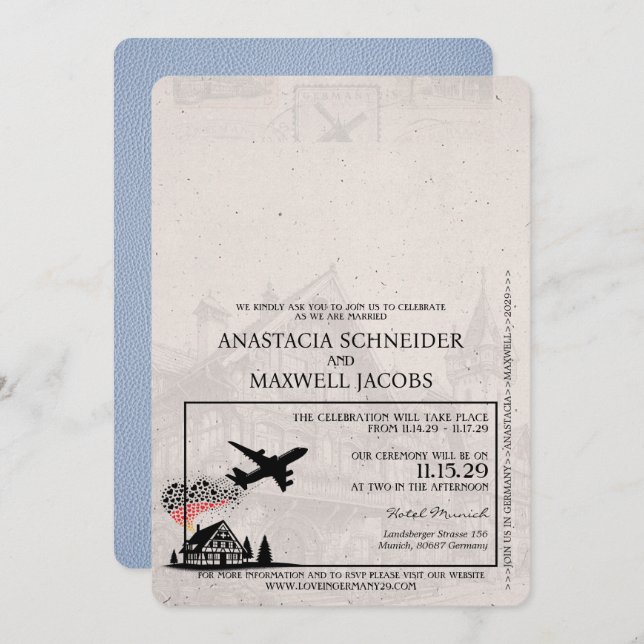 Dusty Blue Germany Passport Wedding Invitation (Front/Back)