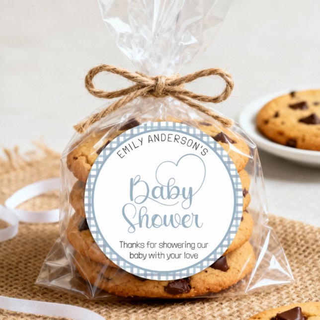 Dusty Blue Gingham Baby Shower Favor Sticker (Baby Shower Sticker)