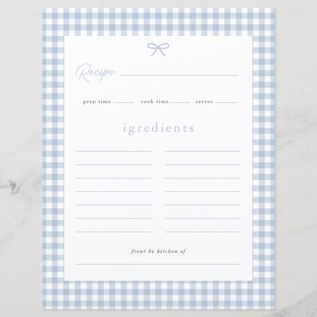 Dusty Blue Gingham Baby Shower Recipe Card (Front)