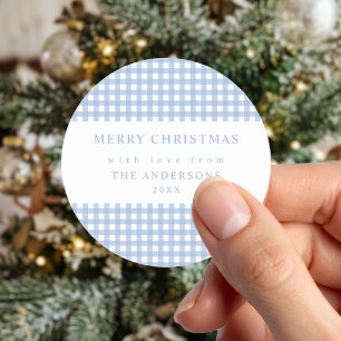 Dusty Blue Gingham Christmas Classic Round Sticker