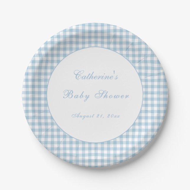 Dusty Blue Gingham Classic Baby Shower Plate (Front)