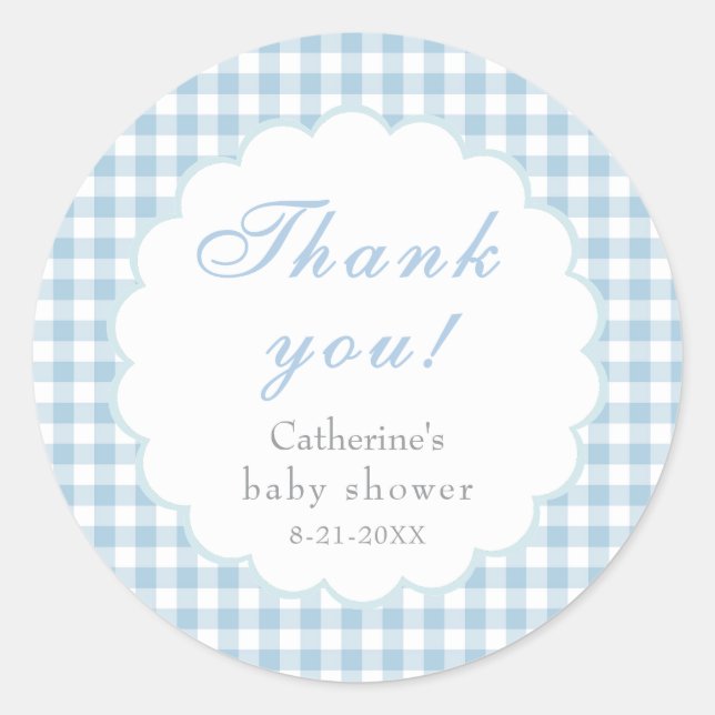 Dusty Blue Gingham Classic Baby Shower Sticker (Front)