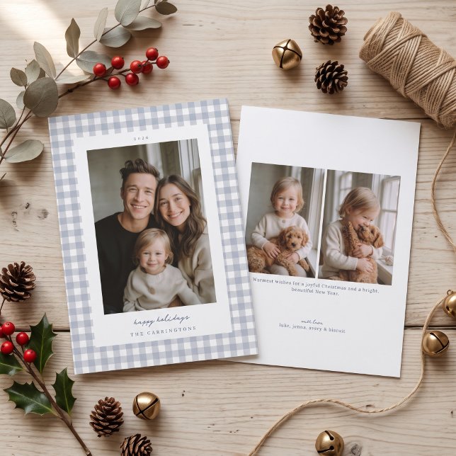 Dusty Blue Gingham Holiday Photo Card (Simulated cards on table)