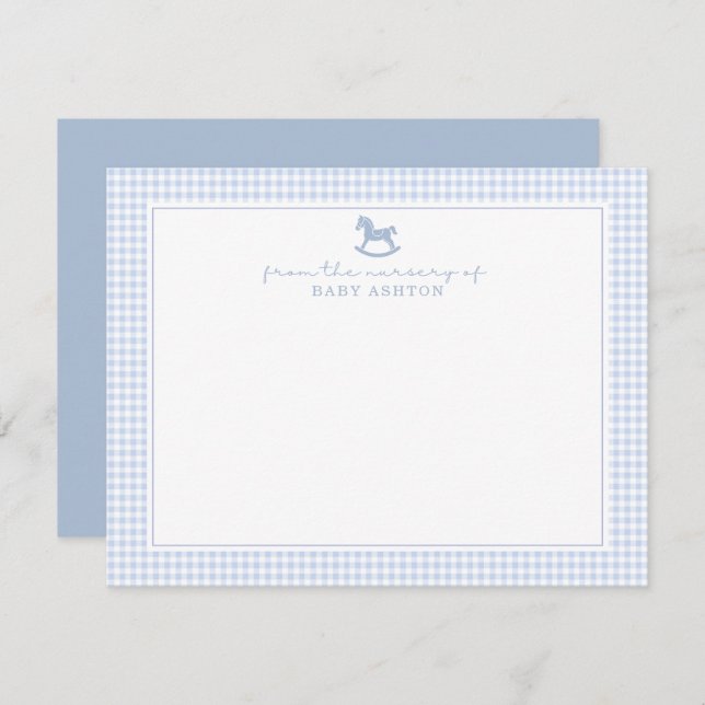 Dusty Blue Gingham Rocking Horse  Boy nursery card (Front/Back)