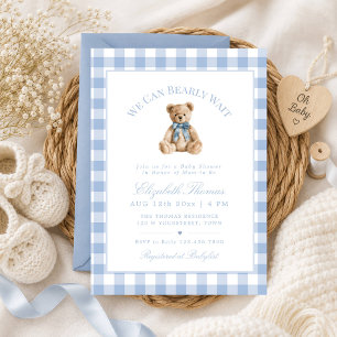 Dusty Blue Gingham Teddy Bear Baby Shower Invitation