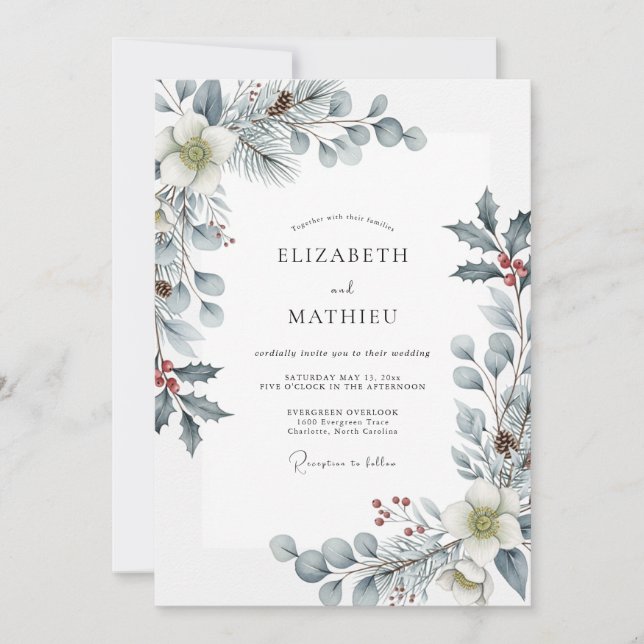 Dusty Blue Glacial Botanical Winter Wedding Invitation (Front)