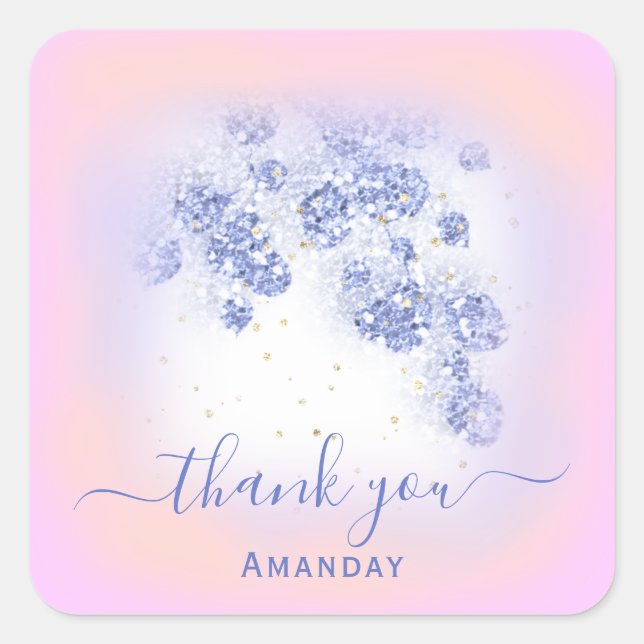 Dusty Blue Glitter Floral Gold Confetti Grey Piink Square Sticker (Front)
