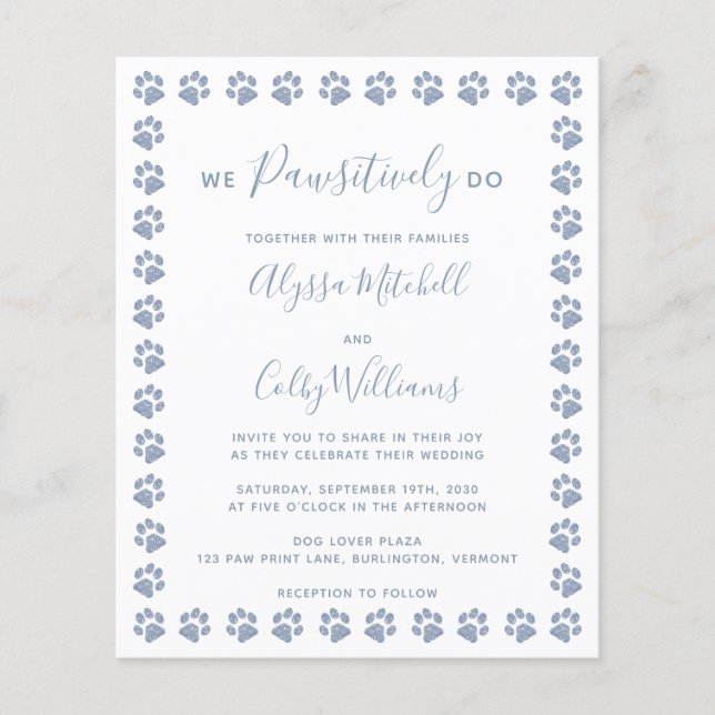 Dusty Blue Glitter Paw Prints Budget Wedding (Front)