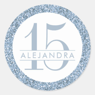 Dusty Blue Glitter Quince Años Favor Sticker Label
