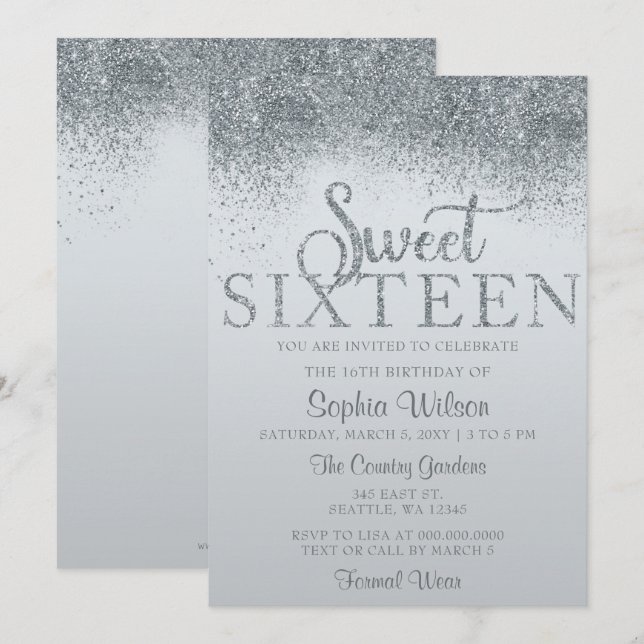 Dusty Blue Glitter Sparkle Sweet 16 Birthday Invitation (Front/Back)