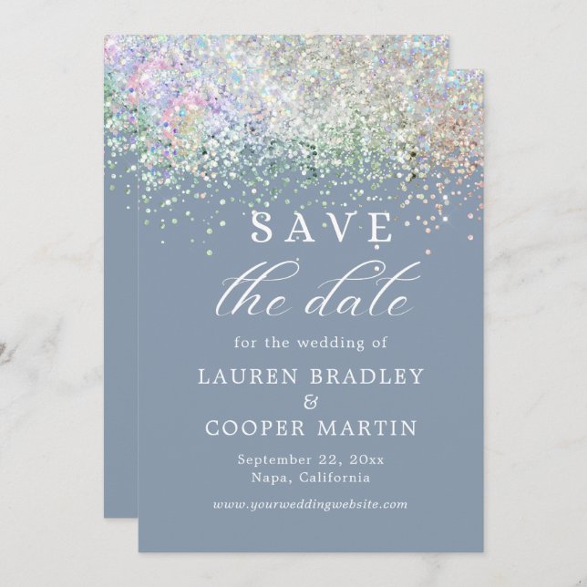 Dusty Blue Glitter Wedding Save The Date (Front/Back)