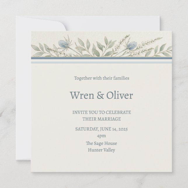 Dusty Blue Globe Thistle Wedding Invitation (Front)