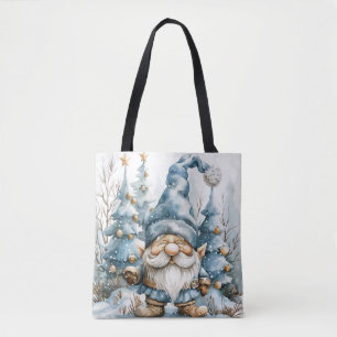 Dusty Blue Gnome and Christmas Trees Tote Bag