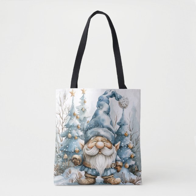 Dusty Blue Gnome and Christmas Trees Tote Bag (Front)