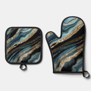 DUSTY BLUE & GOLD AGATE LOOK ABSTRACTS OVEN MITT & POT HOLDER SET