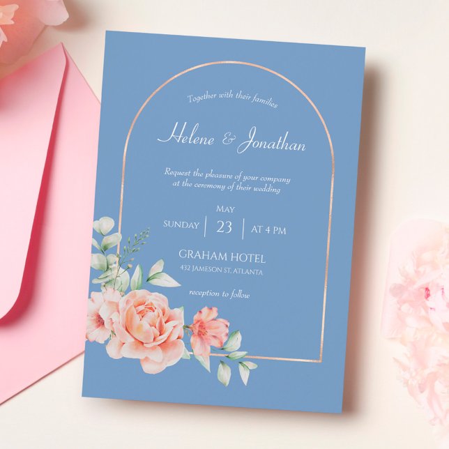 Dusty Blue Gold Arch Boho Wedding Invitation (Creator Uploaded)
