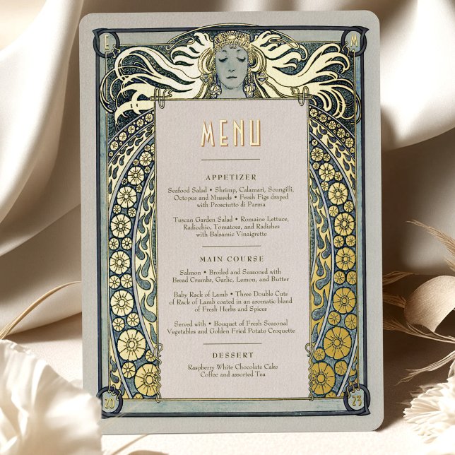 Dusty Blue Gold Art Nouveau Menu Alphonse Mucha (Creator Uploaded)