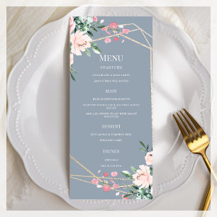 Dusty Blue Gold Blush Pink Floral Wedding Menu