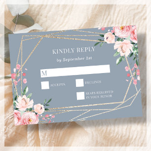 Dusty Blue Gold Blush Pink Floral Wedding RSVP Card