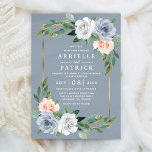 Dusty Blue Gold Blush Pink Peach Floral Wedding Invitation<br><div class="desc">Dusty Blue Gold Blush Pink Peach Floral Wedding Invitations - design features a watercolor dusty blue background with a printed gold frame trimmed in eucalyptus and greenery with floral elements in grey/white,  dusty blue and blush pink/peach.  View the collection on this page to find matching products.</div>