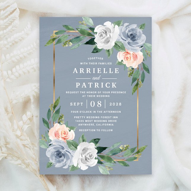 Dusty Blue Gold Blush Pink Peach Floral Wedding Invitation (Creator Uploaded)