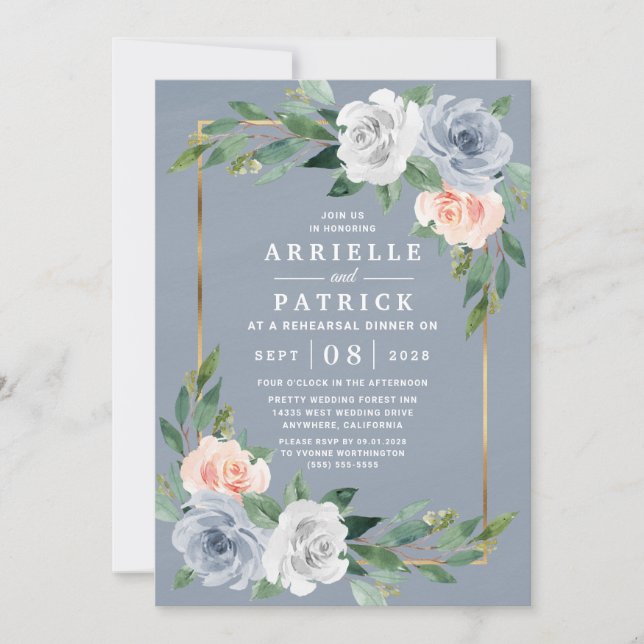 Dusty Blue Gold Blush Pink Peach Rehearsal Dinner Invitation (Front)