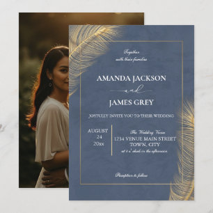 Dusty Blue Gold Botanical Photo Back Wedding Invitation