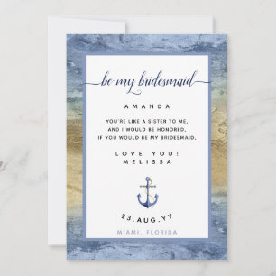 Dusty Blue Gold Bridesmaid Proposal Nautical Card