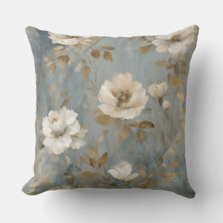 Dusty Blue Gold Cream Vintage Floral Cushion
