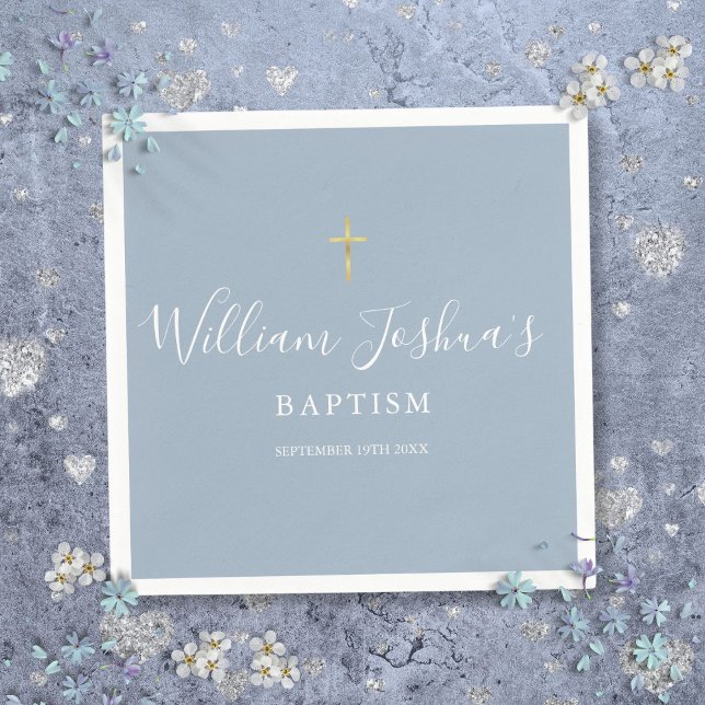 Dusty Blue Gold Cross Baptism Christening Napkin (Dusty Blue Gold Cross Baptism Christening Napkins)