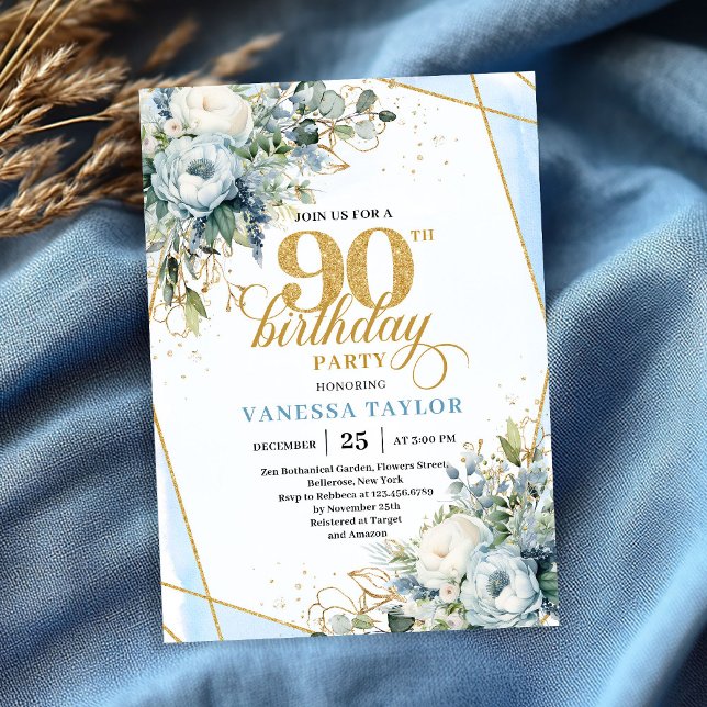 Dusty blue gold elegant florals 90th birthday card (Dusty blue gold elegant florals 90th birthday party card)