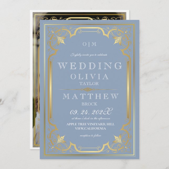 Dusty Blue Gold Elegant Ornate Romantic Wedding Invitation (Front/Back)