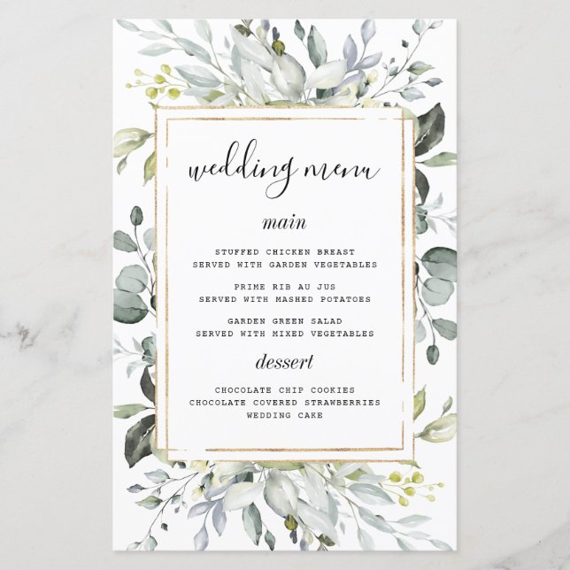 Dusty Blue Gold Elegant Rustic Wedding Menu Cards (Front)