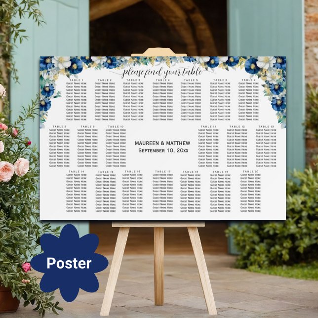 Dusty Blue Gold Floral 20 Tables Wedding Seating  Poster (Creator Uploaded)