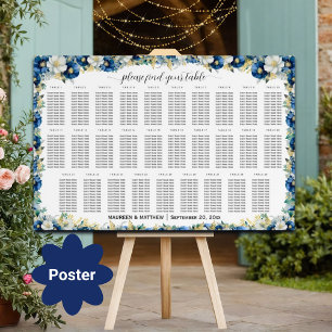 Dusty Blue Gold Floral 29 Tables Wedding Seating Poster