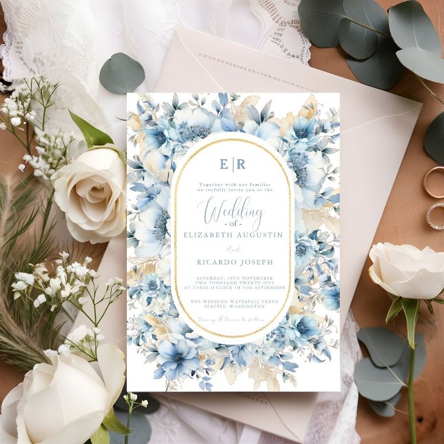 Dusty Blue Gold Floral Bloom all in one Wedding Invitation (Creator Uploaded)