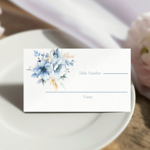 Dusty Blue Gold Floral Bloom  Wedding Place Card