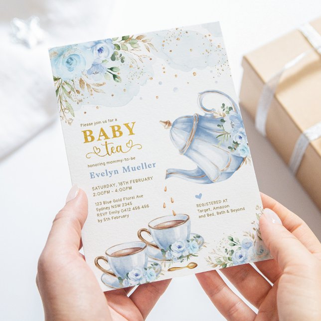 Dusty Blue Gold Floral Boy Baby Shower Tea Party Invitation (Creator Uploaded)