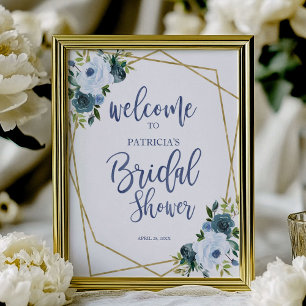 Dusty Blue Gold Floral Bridal Shower Welcome Poster